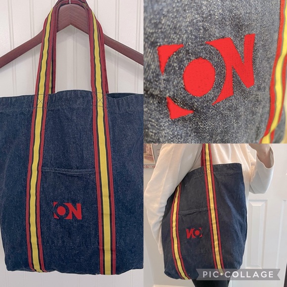 Old Navy Retro Denim Tote 70s 80s Throwback Grosgrain Ribbon Trim & Handles - Picture 2 of 15